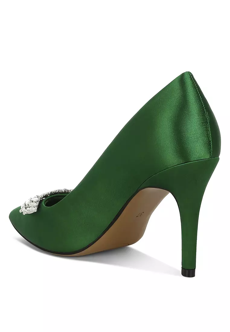 Diamante Brooch Detail Satin Pumps In Green