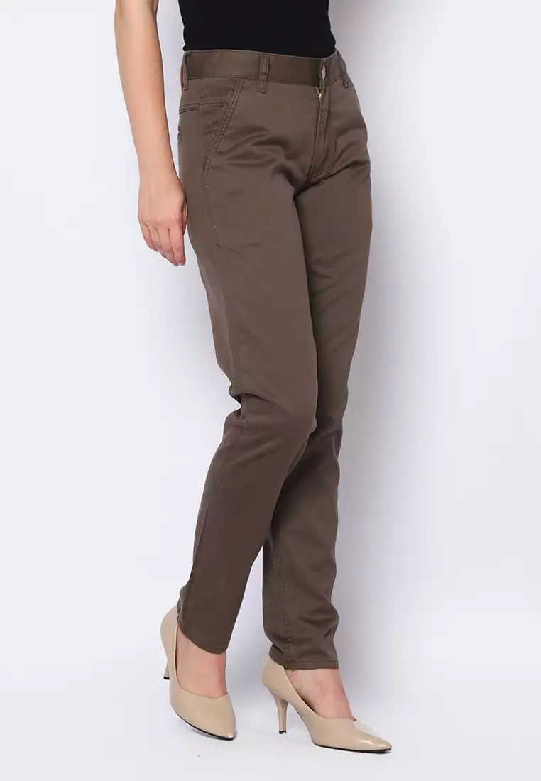 Twill Celana Panjang Wanita Slim Fit Cheerful Coklat 222505