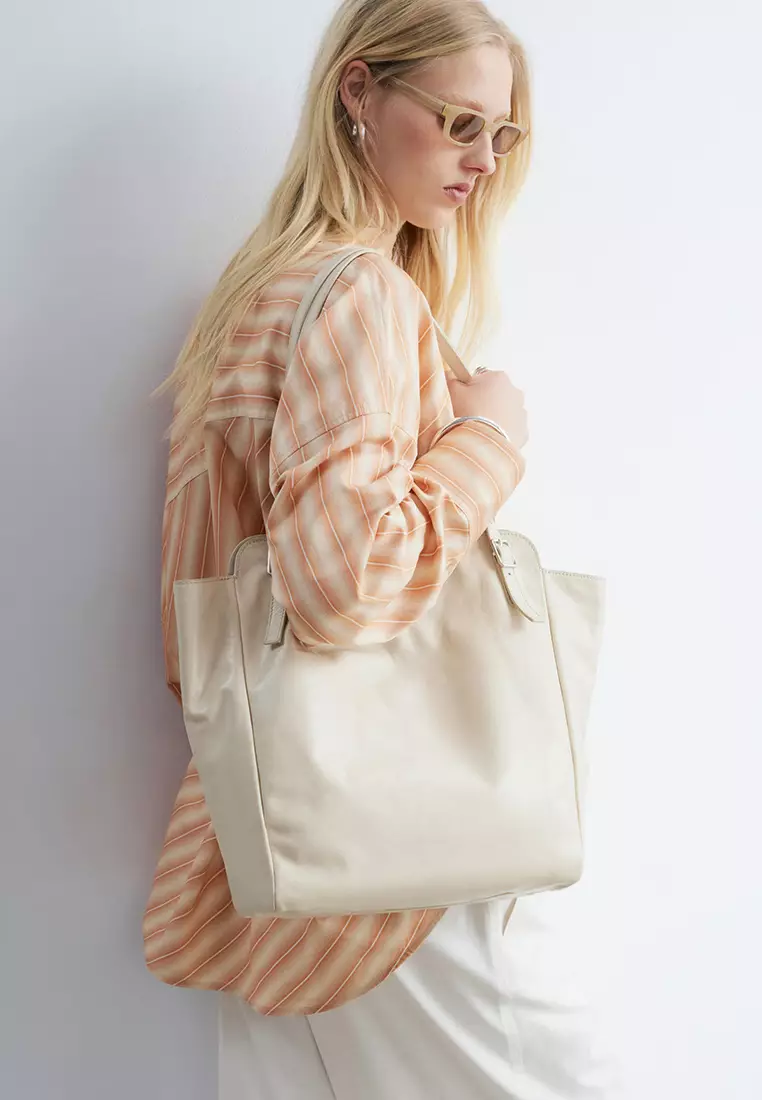 Buckle-Strap Leather Tote Bag