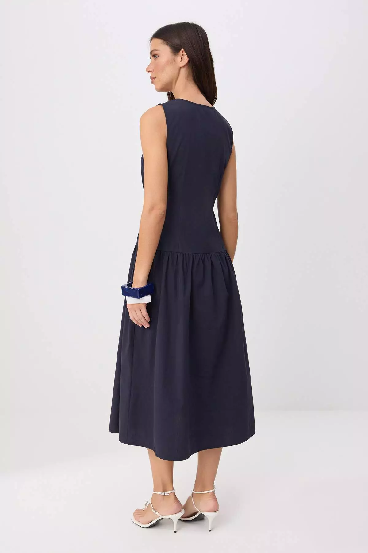 Navy Blue Double-Breasted Collar Poplin Midi Woven Dress Twoss26El00450