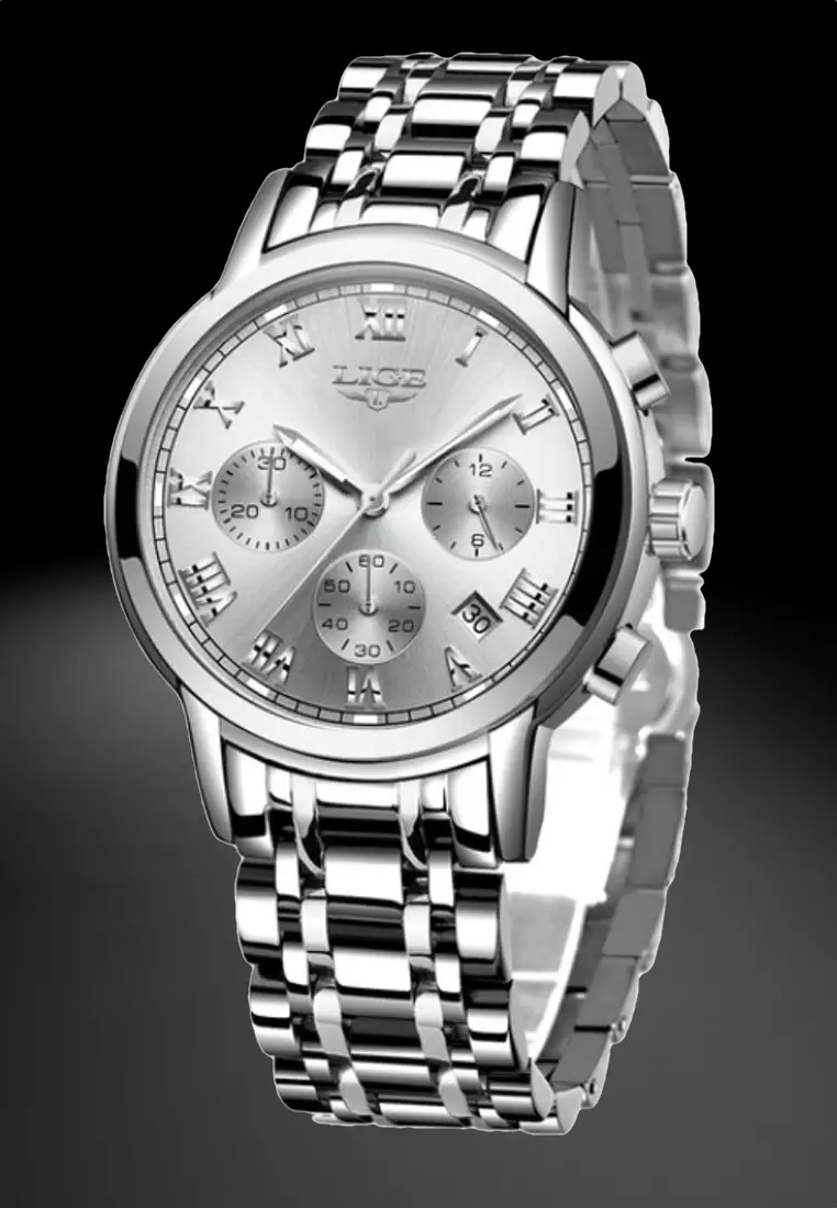 Chronograph Unisex Stainless Steel Quartz Watch, Silver dial on Steel Bracelet