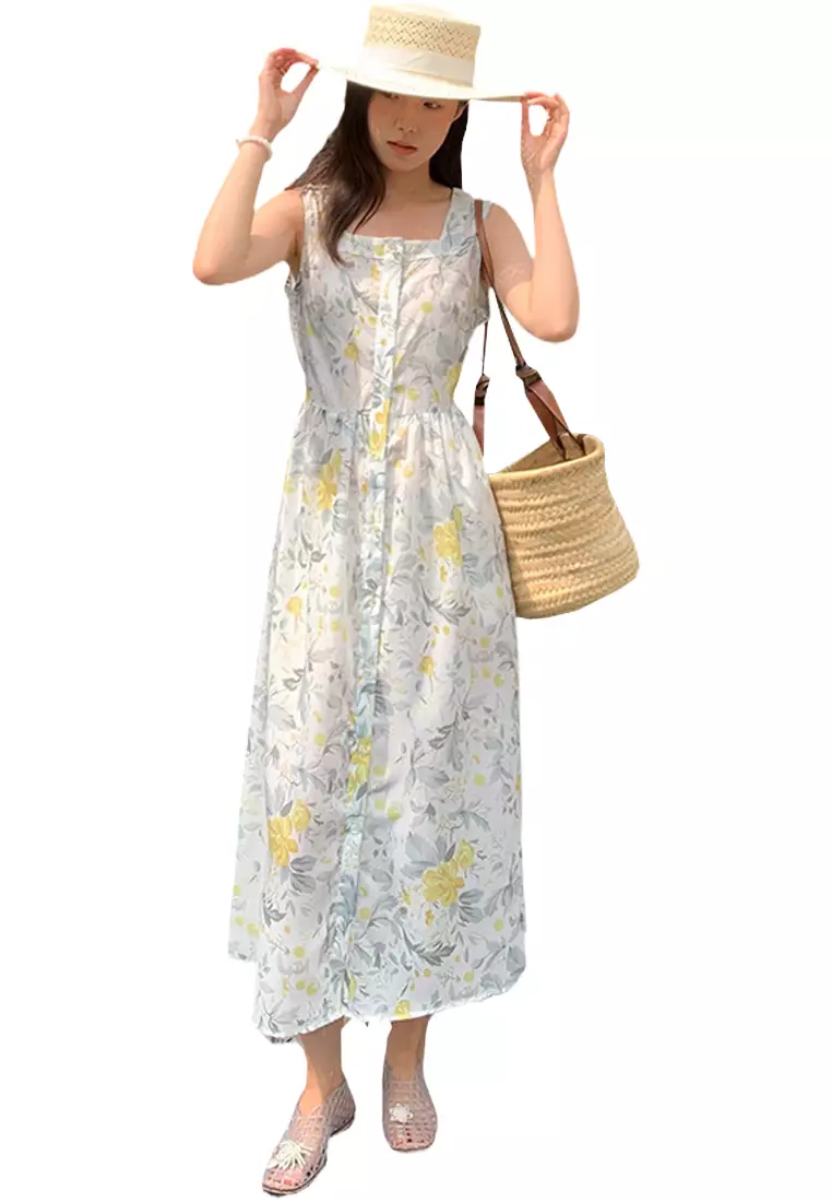 Vintage Square Neck Holiday Single Breasted Sleeveless Dress CA25060358W