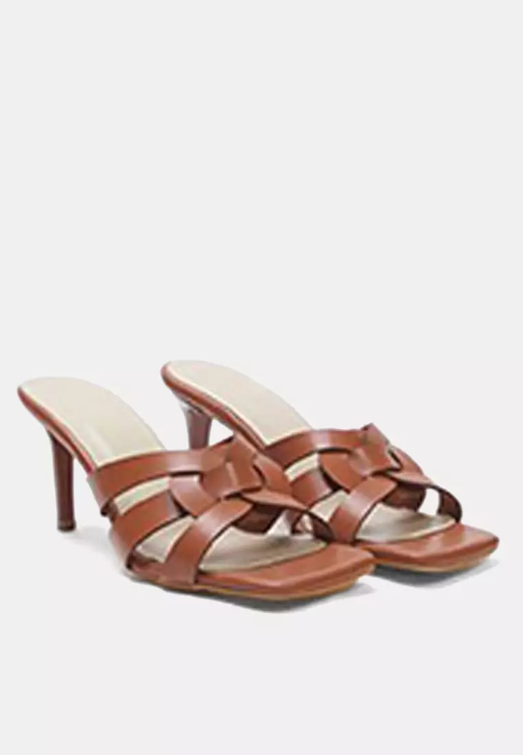 Tan Square Toe Women Thin Heels Slippers Takss25To00083