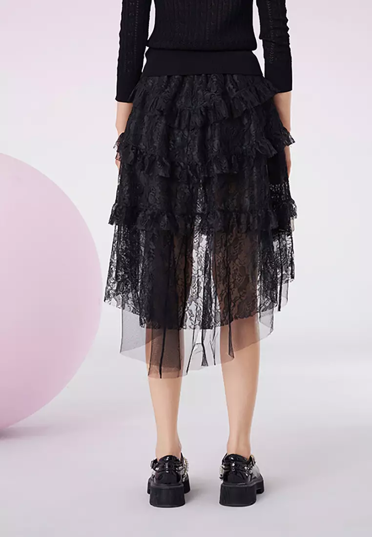 High Waist Mesh Lace Pleated Skirt