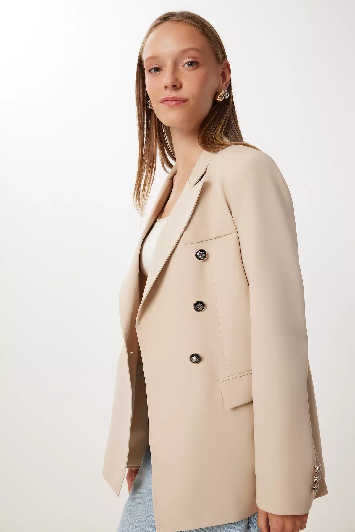 Women's Beige Padded Stylish Buttoned Woven Jacket Kt00017