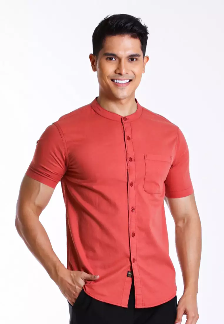 Forest Woven Mandarin Collar Short Sleeve Men Shirt | 621405-58BrickRed