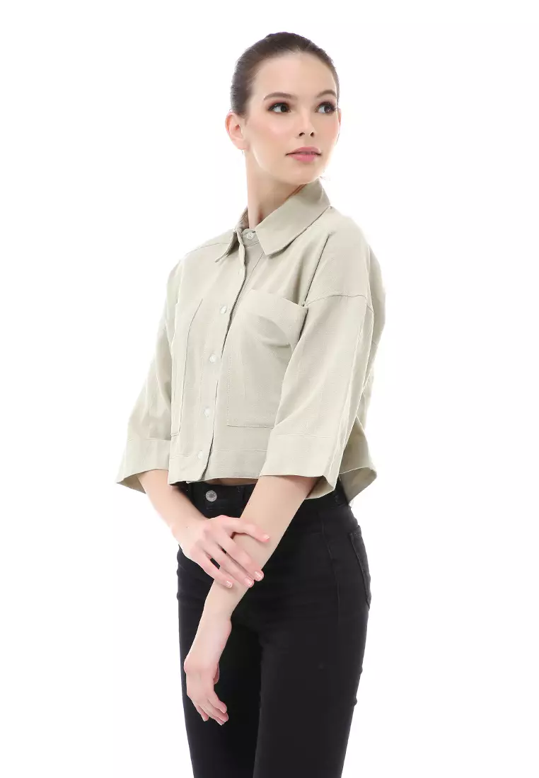 Brielle Atasan Wanita Kemeja Crop Oversize Shirt Lengan Panjang Material Linen ORIGINAL - Sage