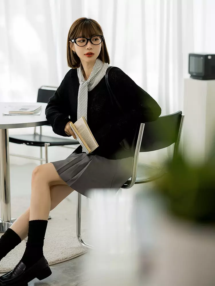 V-shaped pleated A-line blazer set mini skirt [CA2981]