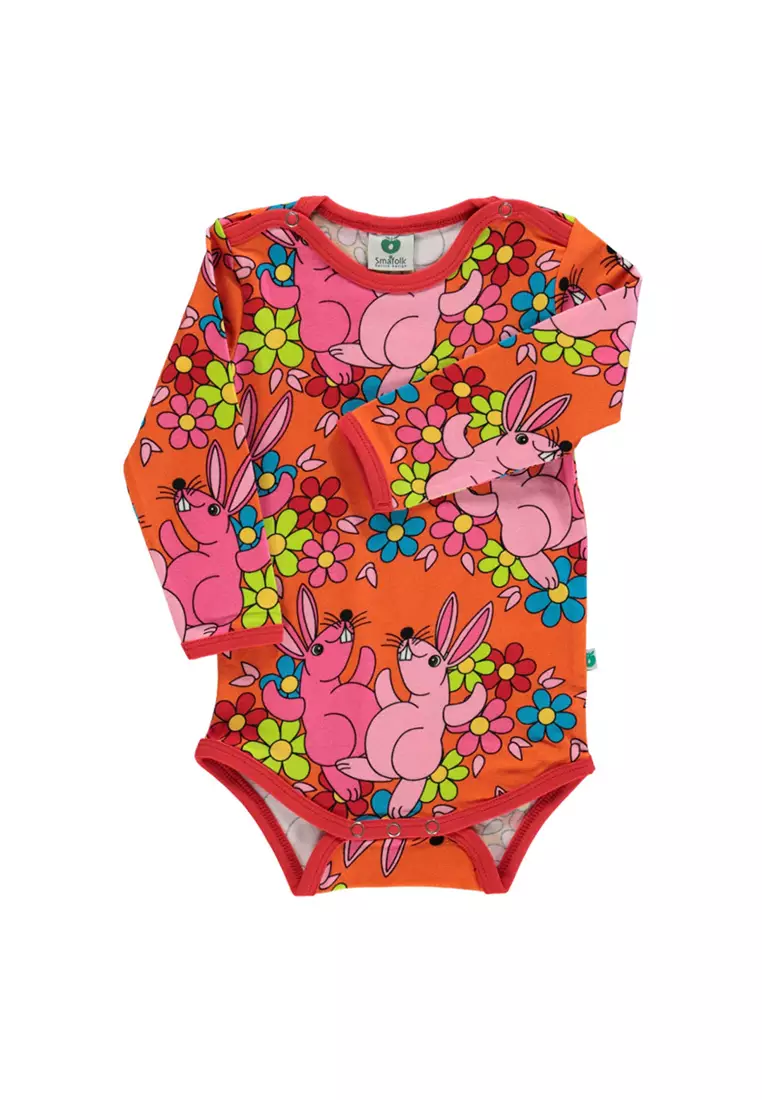 Long-sleeved baby body with rabbits and flowers