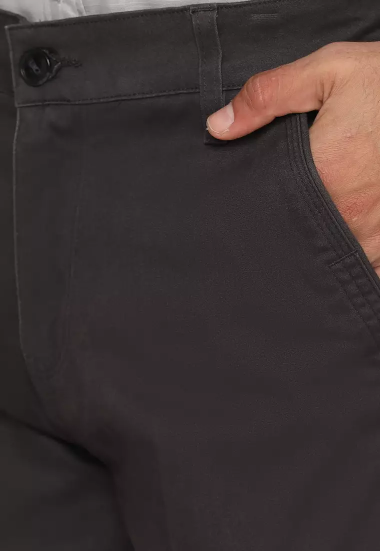 POLICE Celana Chino Panjang Dark Grey Cotton Premium Stretch Regular Fit Pria