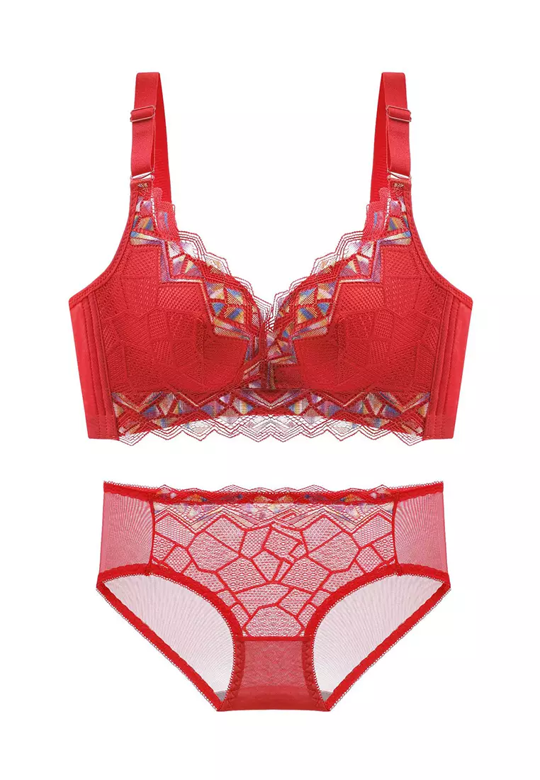 Women's Luxury Elegant Lace-trimmed Non-wired Seamless Push Up Lingerie Set  (Bra And Underwear) - Red