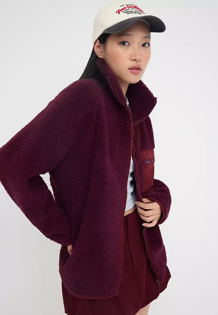 Winter Essentials Plum Fleece Zippered Stand-Up Collar Pocket Detailed Knitted Sweatshirt Twoaw24Sw00071