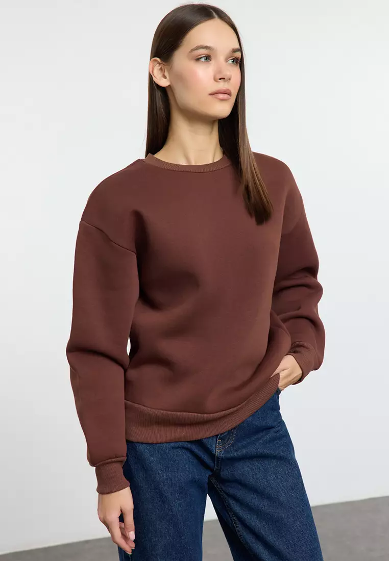 Thick Cut Brown Fleece Crew Neck Sweatshirt