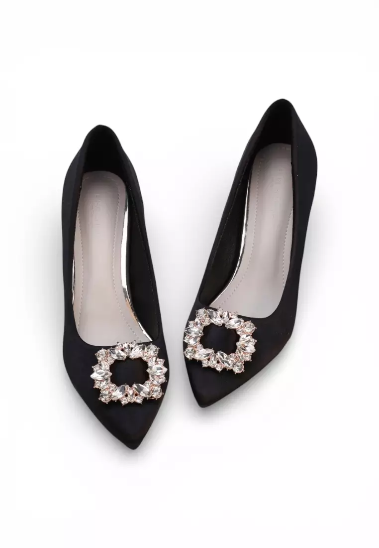 Luxe Crystal Buckle Pointed Toe  Heels 115 in Black