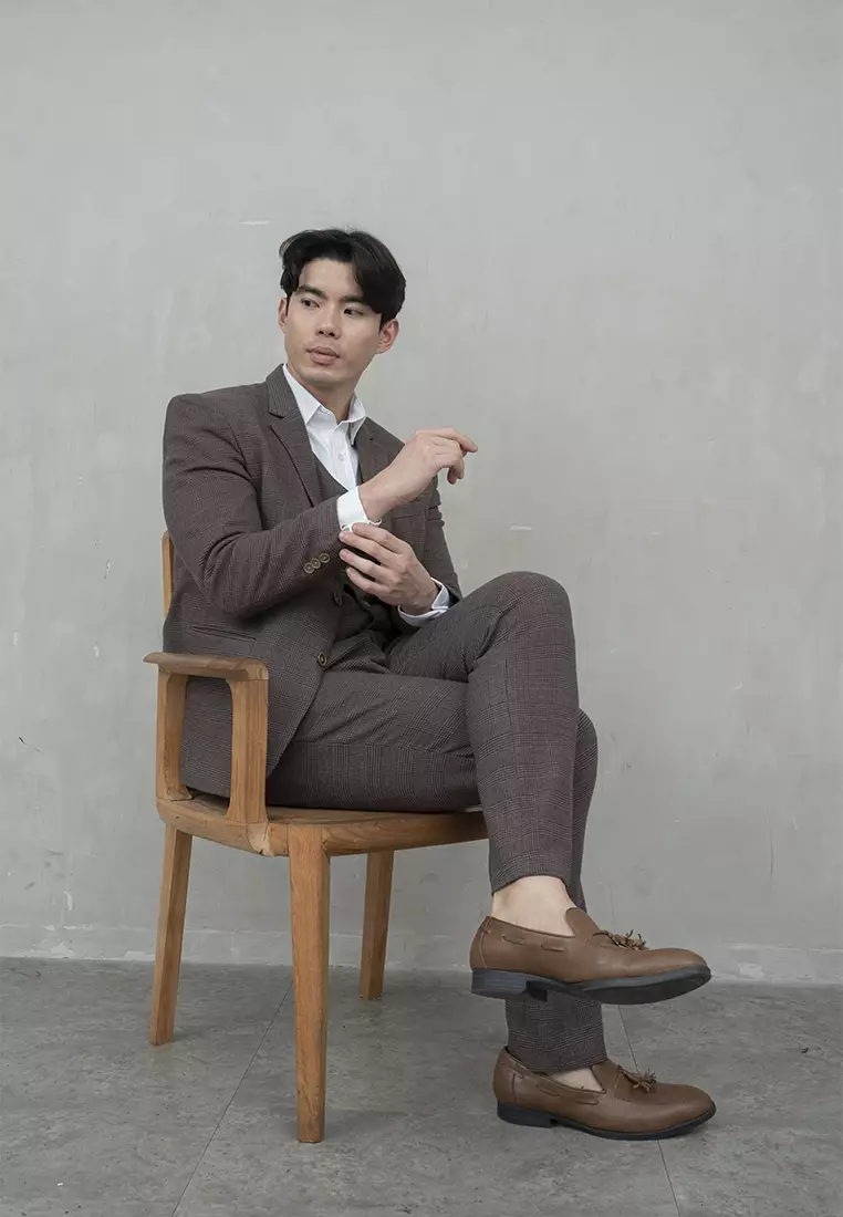 Houseofcuff Jas Celana Vest Rompi Blazer Coklat Slim Fit Motif Kotak