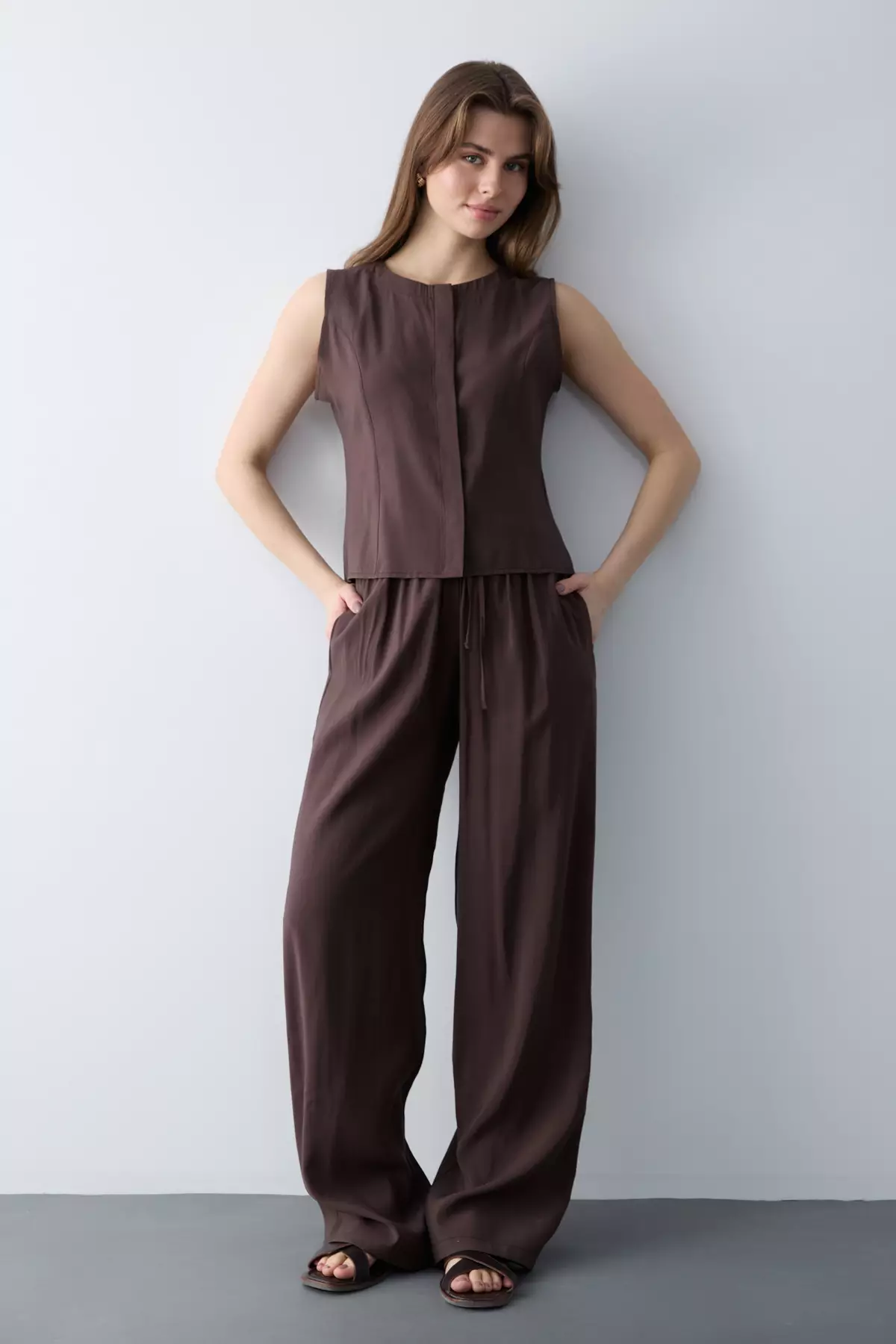 Brown Modal Look Blouse Pants Woven Bottom - Top Set Twoss26Au00086