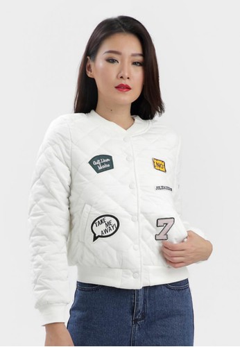 Puffy Patch Bomber Jacket in White