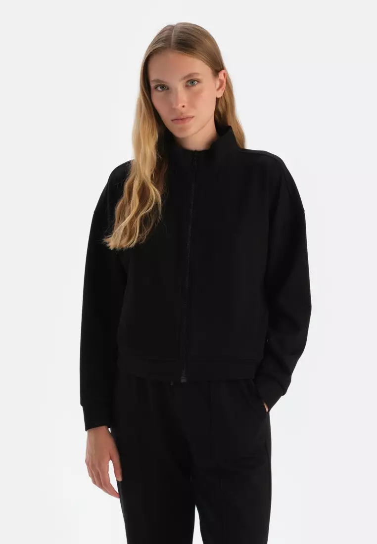 Black Sweatshirt, Standing Collar, Regular Fit, Loungewear for Women