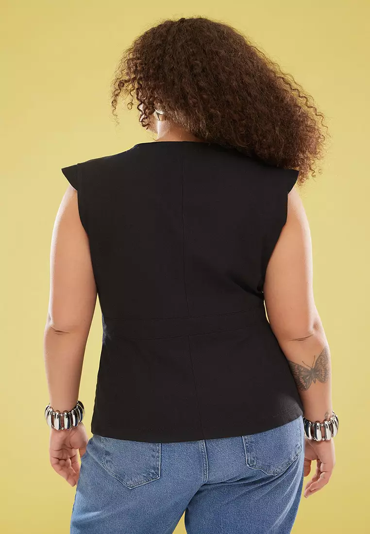 Black 100% Cotton Button Woven Oversize Blouse Tbbss25Af00021