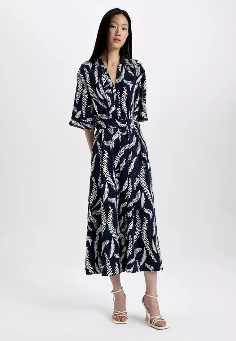 Shirt Collar Patterned Linen Blend Half Sleeve Midi Dress