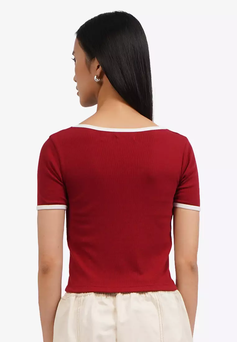 Contrast Rib Square Neck Logo T-Shirt