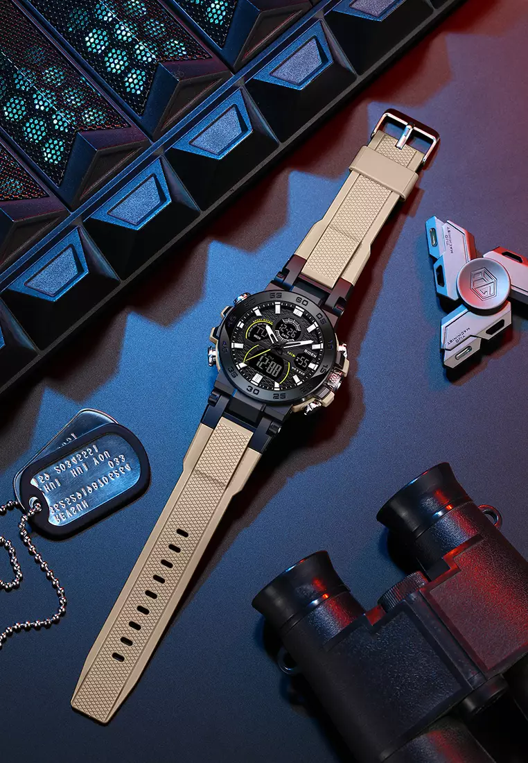 Jam Tangan Pria Original Analog & Digital Multifungsi Olahraga Tali Silikon Anti Air Jam Tangan Cowok Khaki