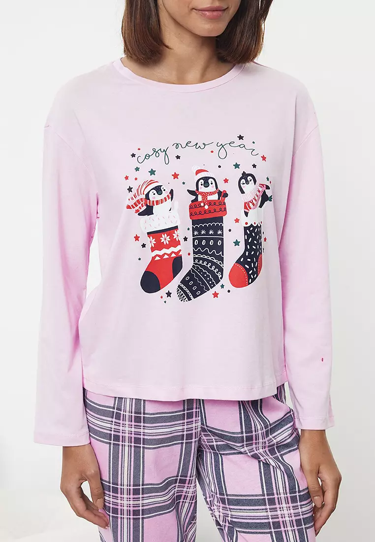 Pink-Multicolored 100% Cotton Winter Themed Plaid Knitted Pajama Set THMAW25PT00121