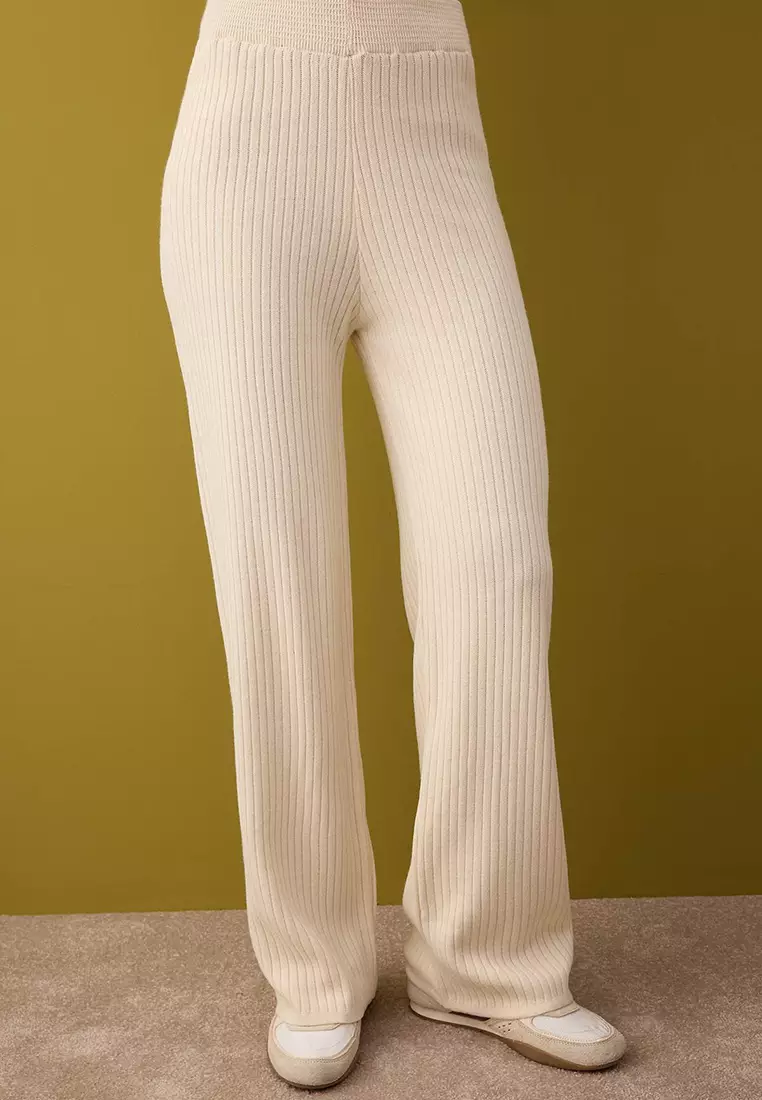 Ecru Basic Zippered Sweater-Pants Knitwear Bottom - Top Set Twoaw26Au2