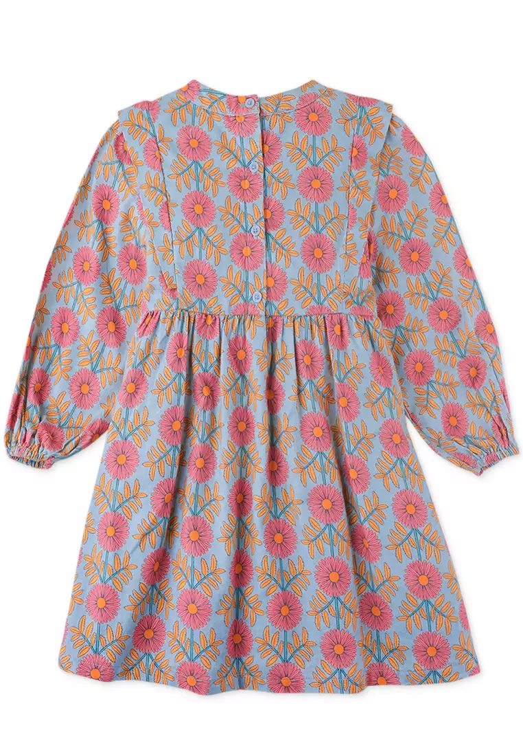 Girls Side Vented Printed Dress With Chest Smocking