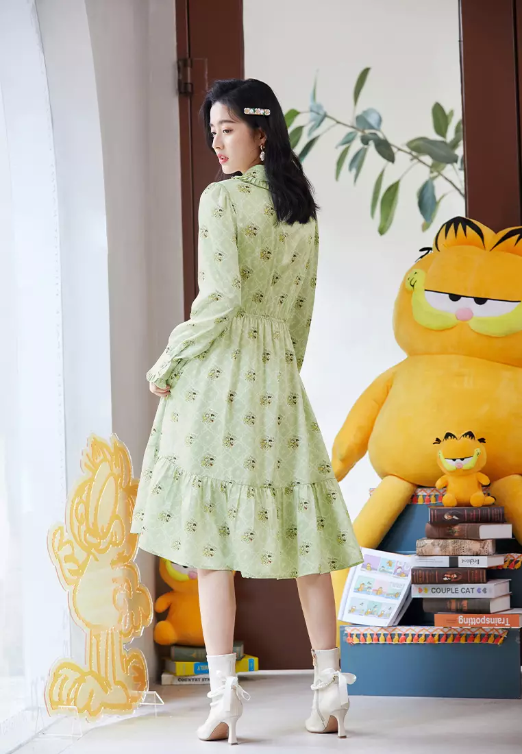 Allover Cartoon Print Dress with Ruffle Collar and Collar Tie