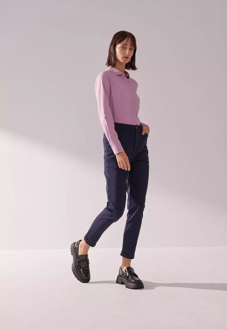 深藍中腰緊身版經典彈性修身長褲