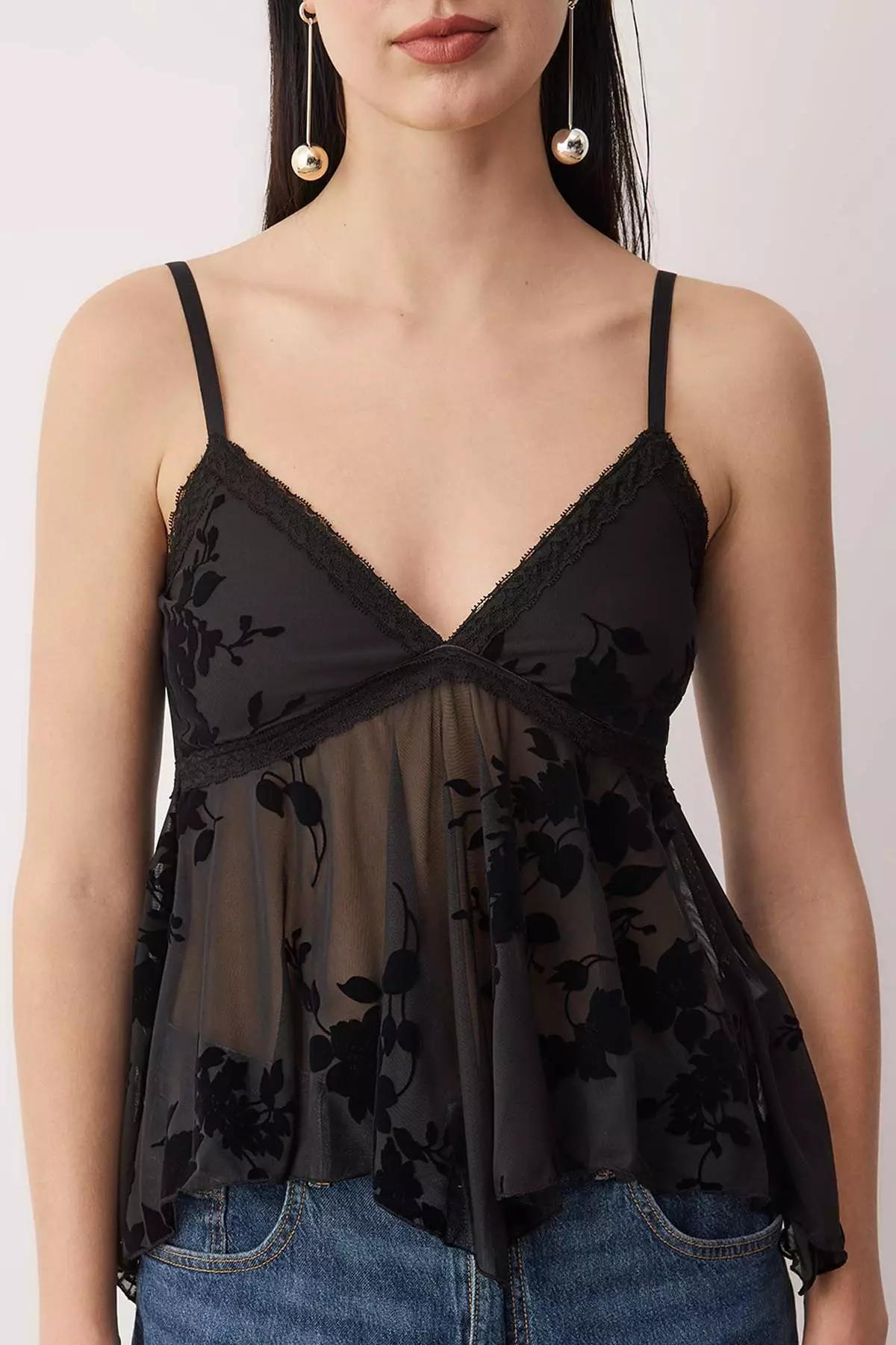 Black Floral Flywheel Detailed Tulle Party Blouse Tpraw26Bz56