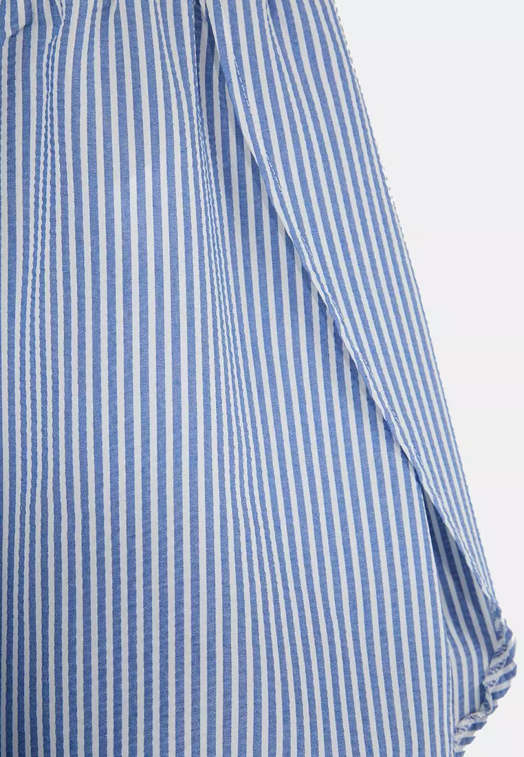 Beachwear Blue Striped Seersucker Textured Fabric Plus Size Beach Shorts Tbbss26Ap00007