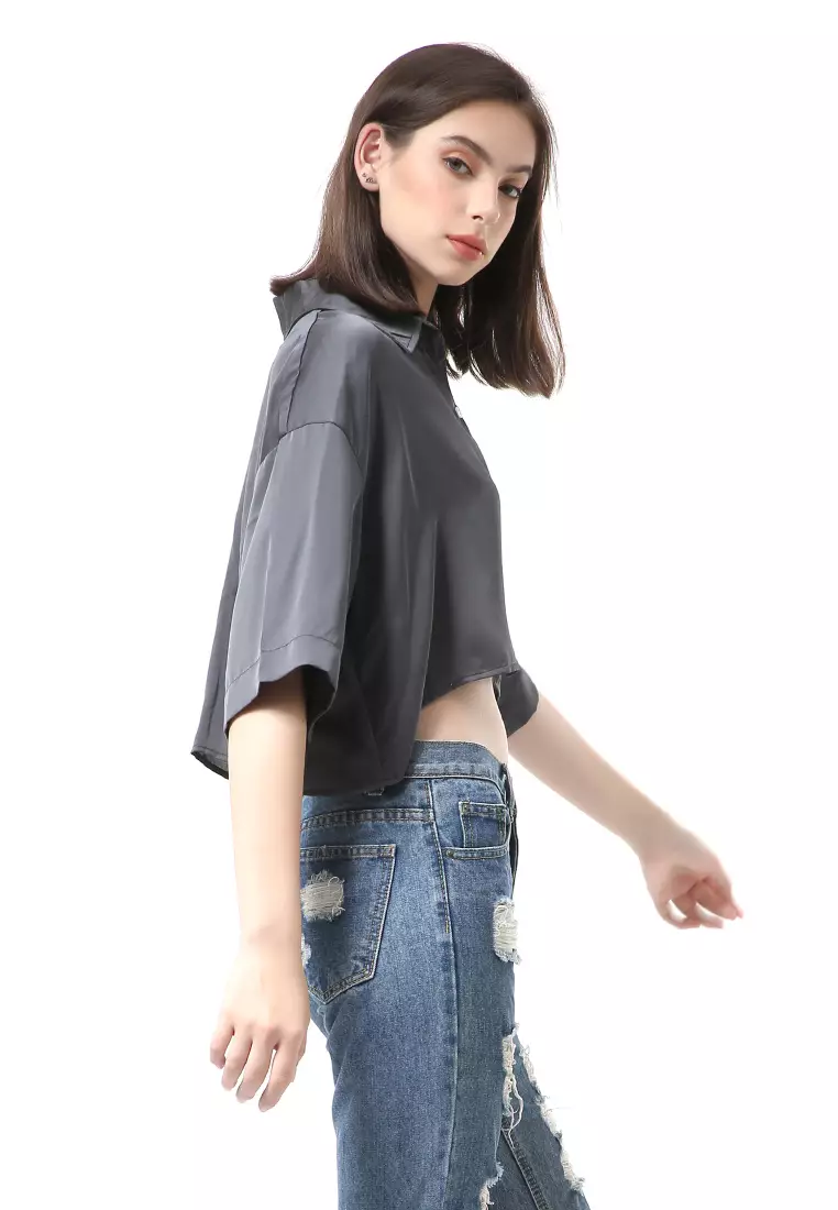 Brielle Atasan Wanita Kemeja Oversize Plain Motive Lengan Pendek Material Satin ORIGiNAL - Pine Green