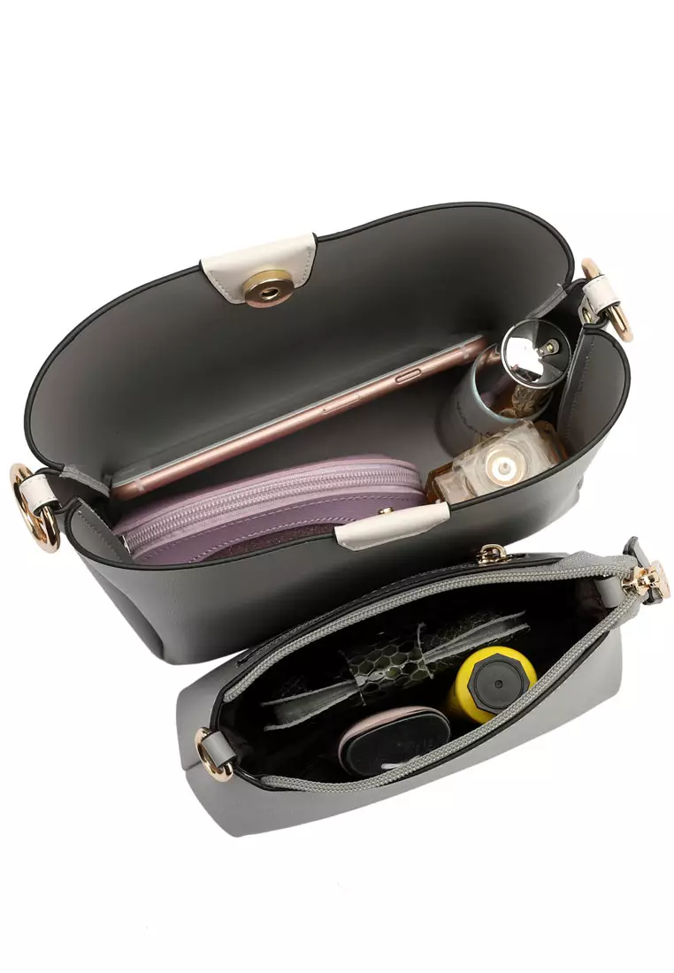 2-In-1 Top Handle Bag Sling Bag & Sling Bag (2-in-1 Tas Tangan & Tas Selempang Wanita) - Abu-Abu