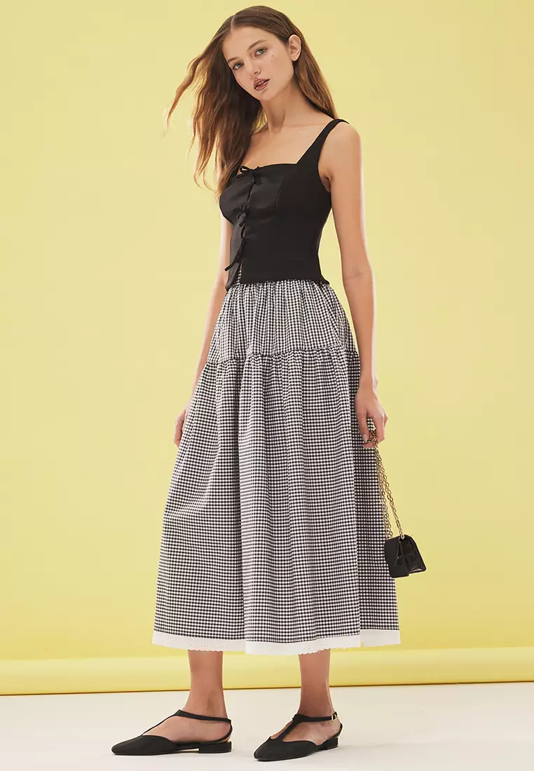 Gingham Pattern Lace Detailed A-line Midi Skirt