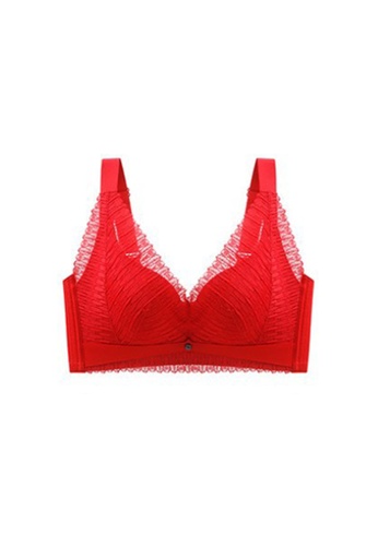 ZITIQUE red Women's Non-wired Thick 3/4 Cup Push Up Lace Trimmed Bra - Red 4C42BUSBF84B0CGS_1