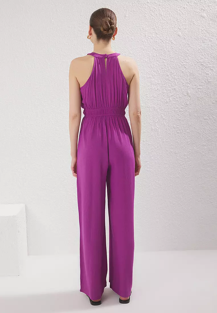 Purple Waist Pleated Detail Wide Leg Maxi Woven Jumpsuit TWOSS23TU00121