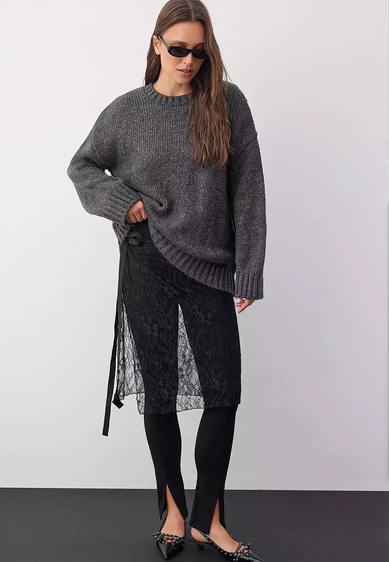 Wardrobe Essentials Anthracite Soft Textured Loose Fit Basic Knit Sweater | Twoaw26Kz00073