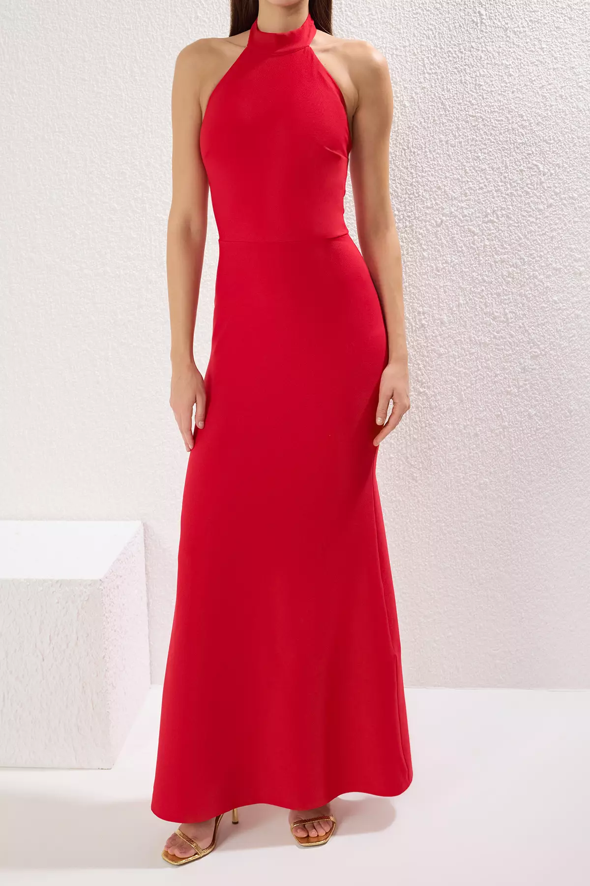 Red Fish Cut Woven Maxi Chic Evening Dress