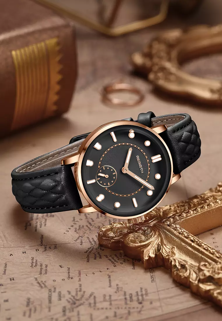 Jam Tangan Wanita Original Anggun Bercahaya Tali Kulit Mode Jam Tangan Cewek allblack