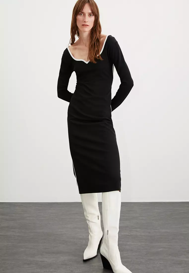 Mirabel Heart Collar Stretchy Crepe Knitted Fabric Fitted Midi Dress