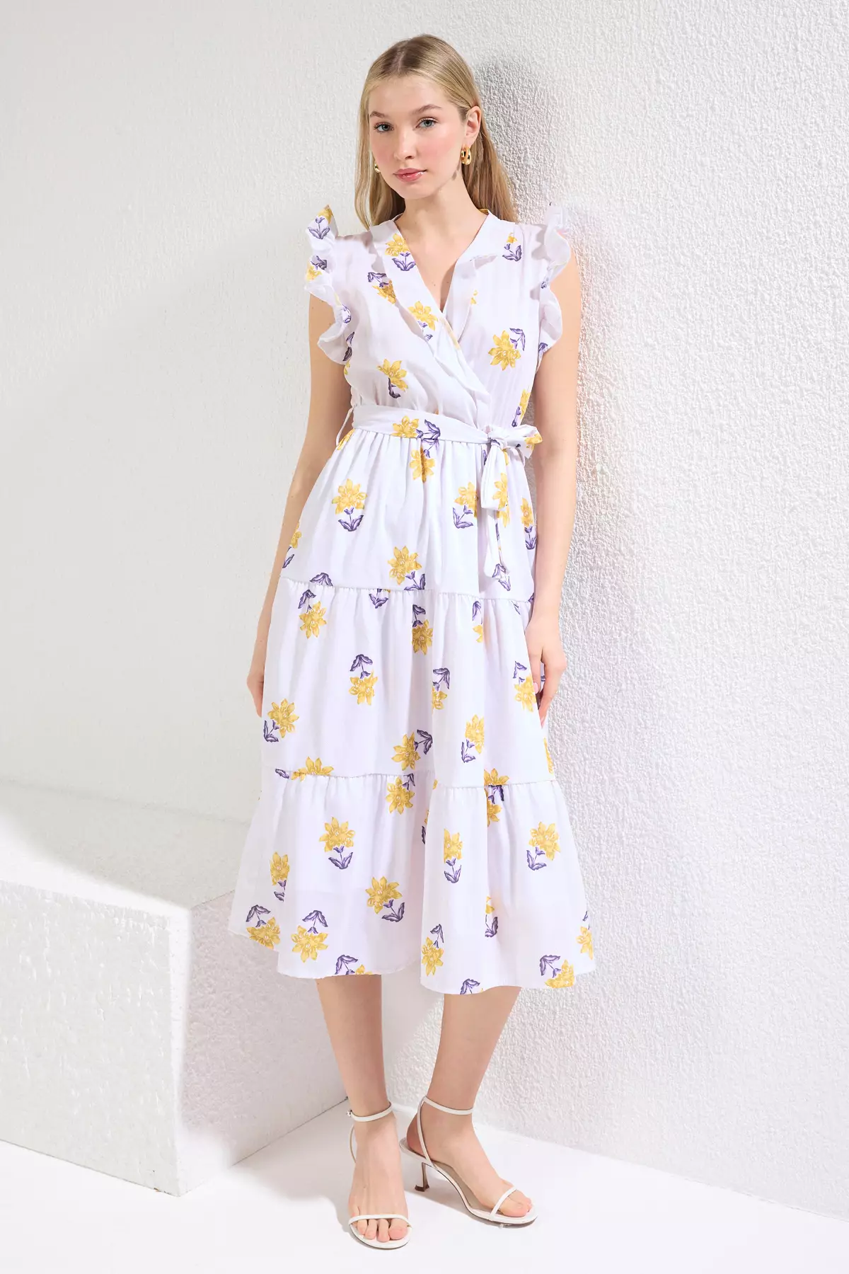 Yellow Belted Plain Skirt Opening at Waist Belted Lined Midi Woven Dress TWOSS24EL00914