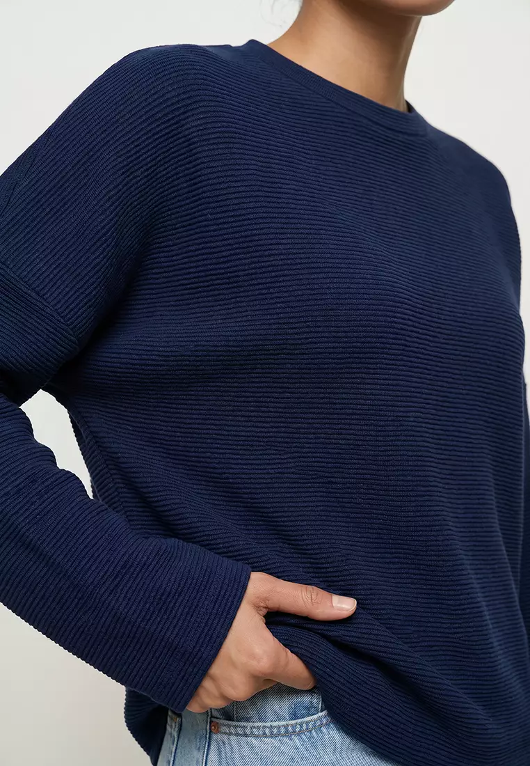 Women's Midnight Blue Crew Neck Batwing Sleeve Wide Cut Basic Blouse Alc-X14391