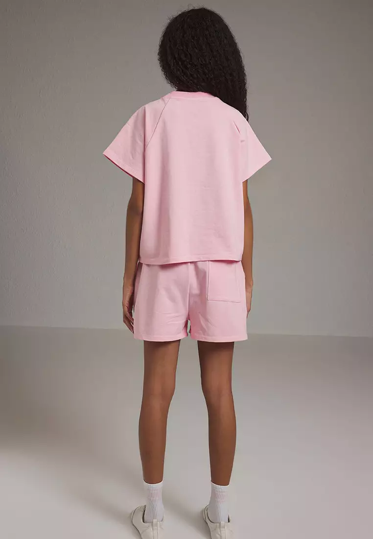 Pink Relaxed/Comfortable Fit Slogan Printed T-shirt-Shorts Knitted Bottom-Top Set TWOSS25AU00104