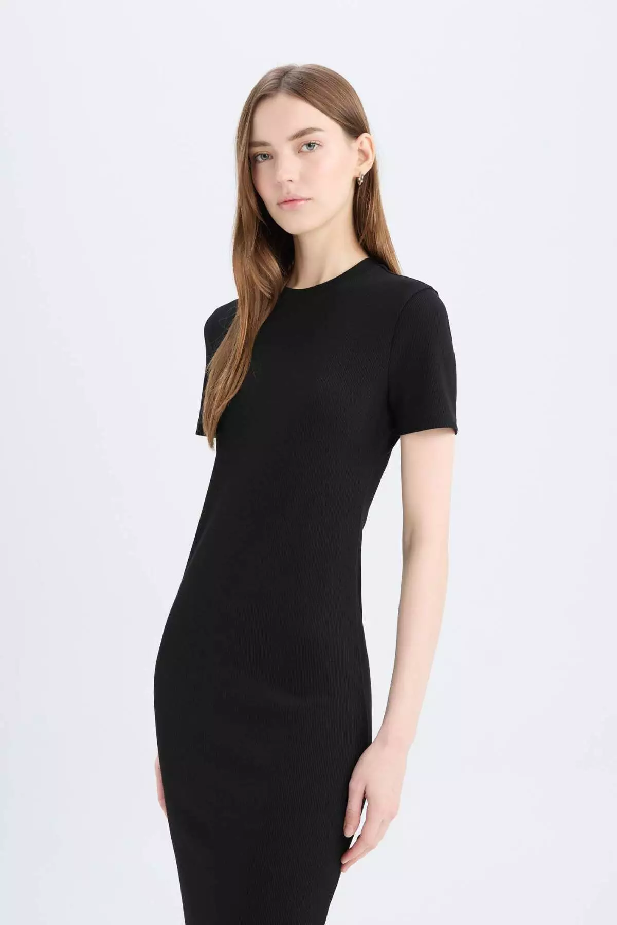 Bodycon Body Hugging Crew Neck Basic Plain Ribbed Camisole Short Sleeve Midi Dress E6926Ax25Sp
