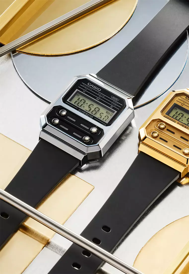 Jam Tangan Casio General A100WEF-1ADF Illuminator Vintage Digital Dial Black Resin Band