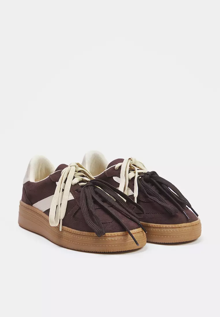 Dark Brown Two Lace-Up Dual-Use Women's Retro Sneakers Takss25Sn00009