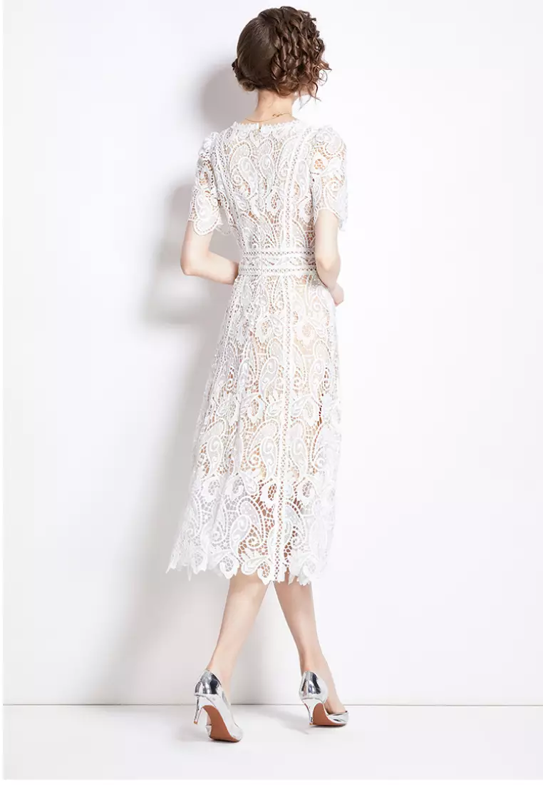 Buy Sunnydaysweety 2024 New Style Elegant Full Lace White Retro Dress ...