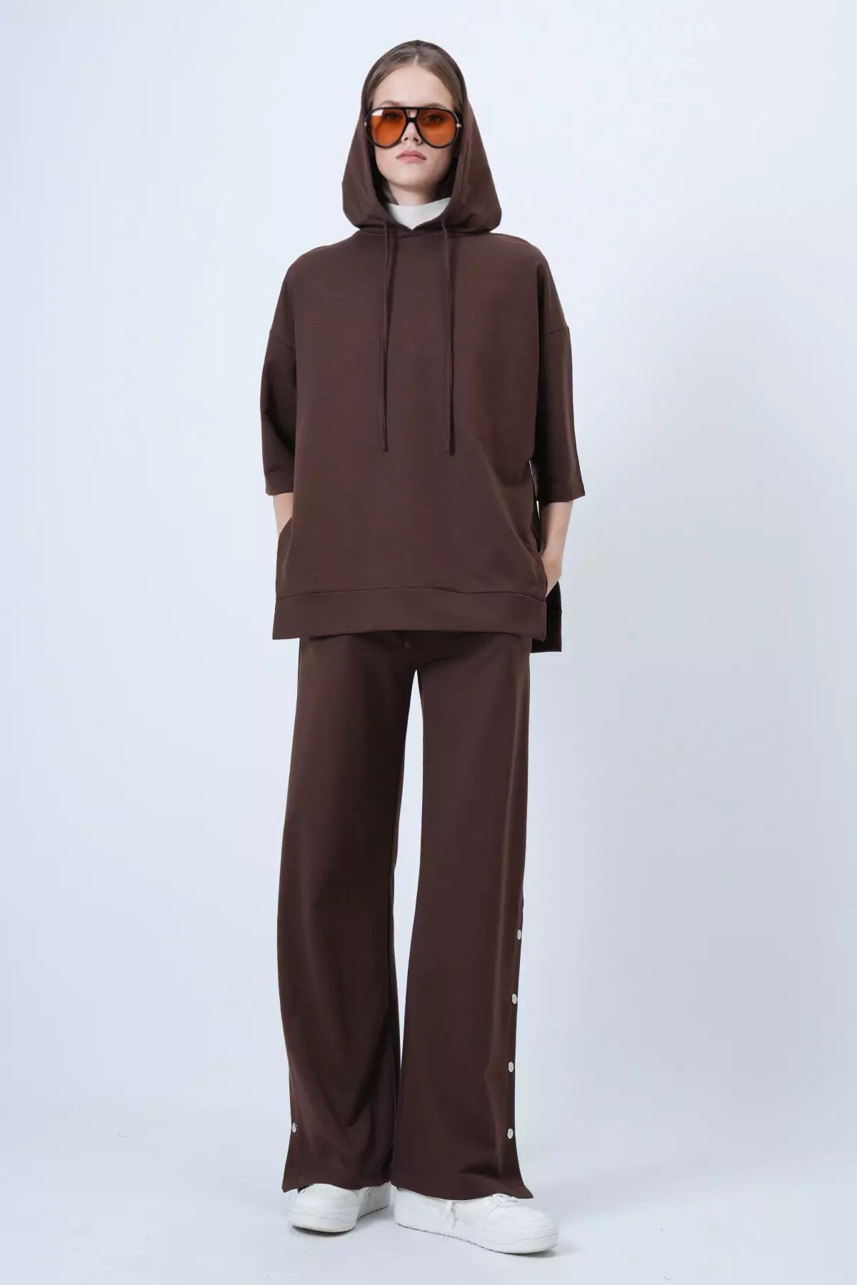 Women'S Brown Hooded Sweatshirt With Side Slits And Wide Leg Pants Set Alc-X14607